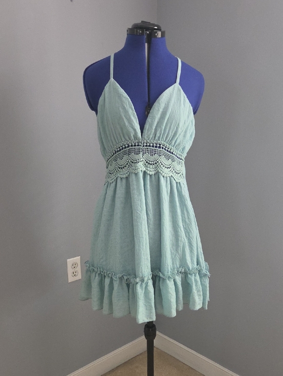 no tag Dresses & Skirts - Crochet-Waist Seafoam Mini Dress with Spaghetti Straps